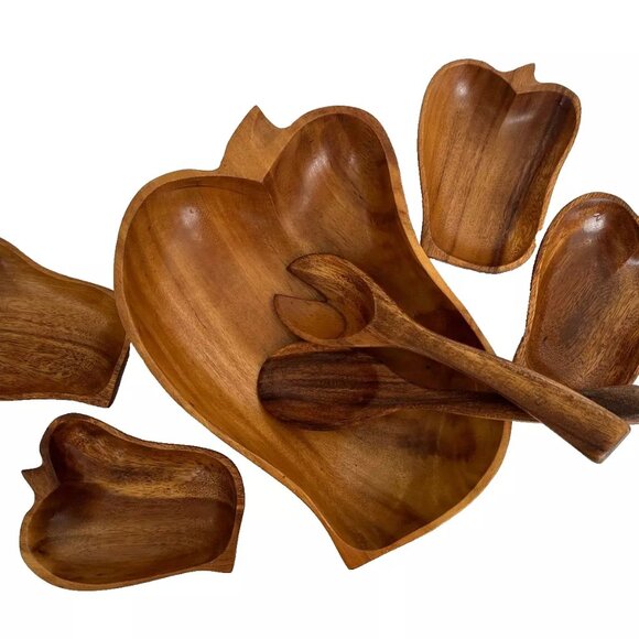 Vintage Monkey Bell Pepper Acacia Wood Salad Chip Dip Bowl Set Salt & Pepper - Picture 4 of 13